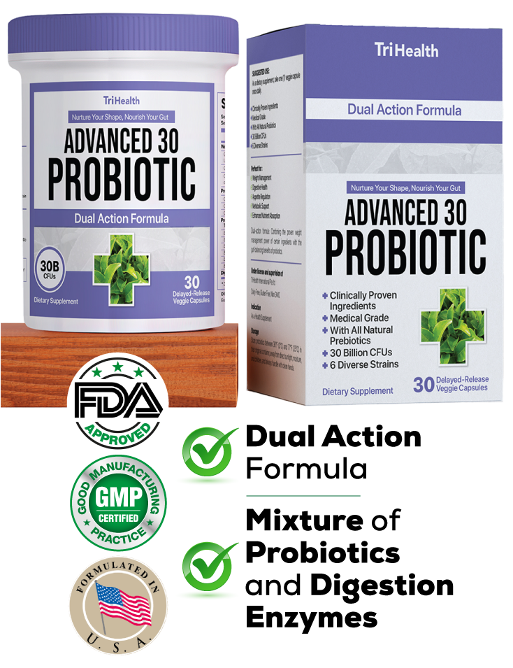 Frasco y caja de TriHealth Advanced 30 Probiotic