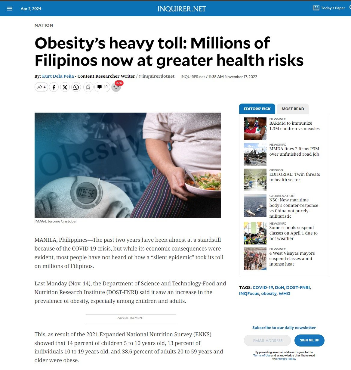 Artículo de Inquirer.net sobre obesidad en Filipinas