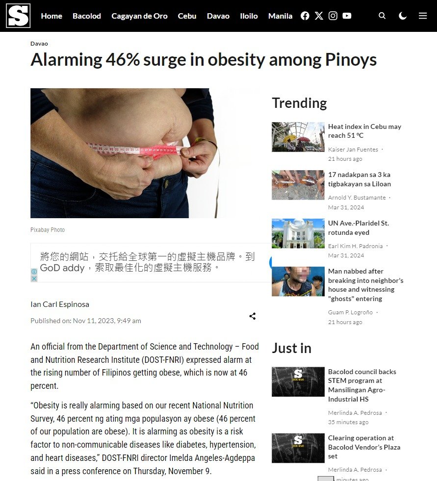 Artículo de SunStar sobre obesidad en Filipinas